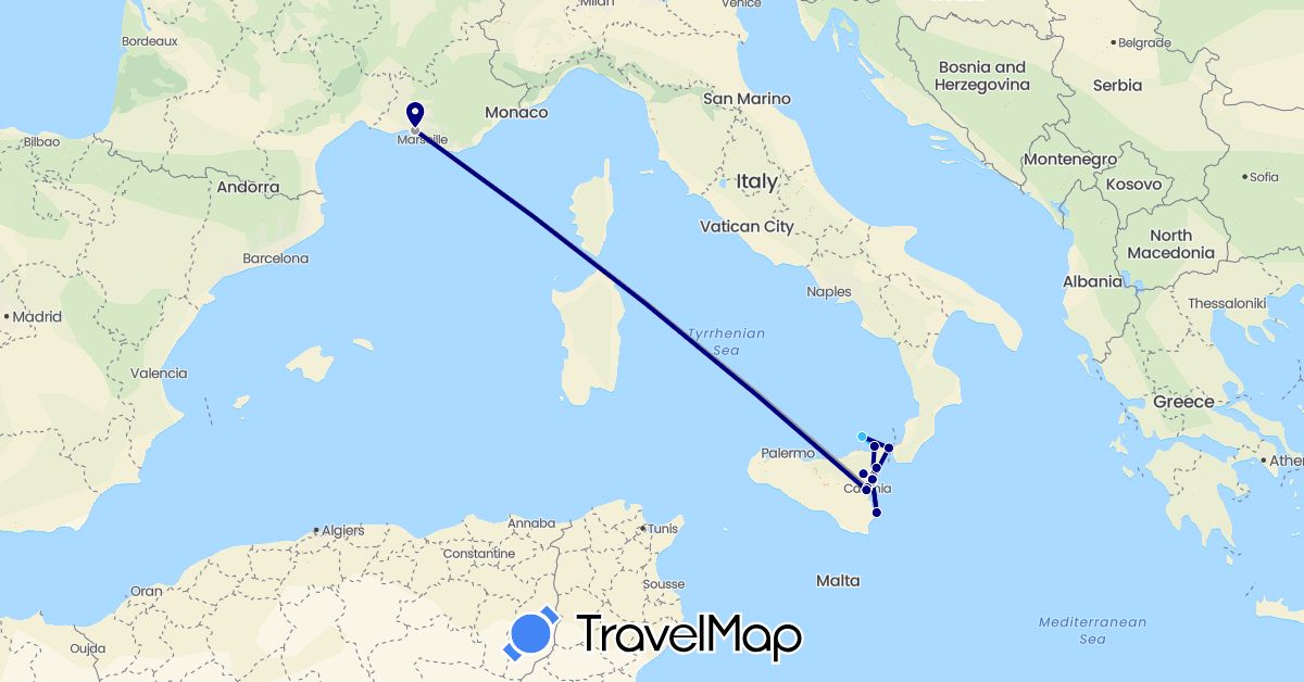 TravelMap itinerary: driving, bus, plane, hiking, boat in France, Italy (Europe)